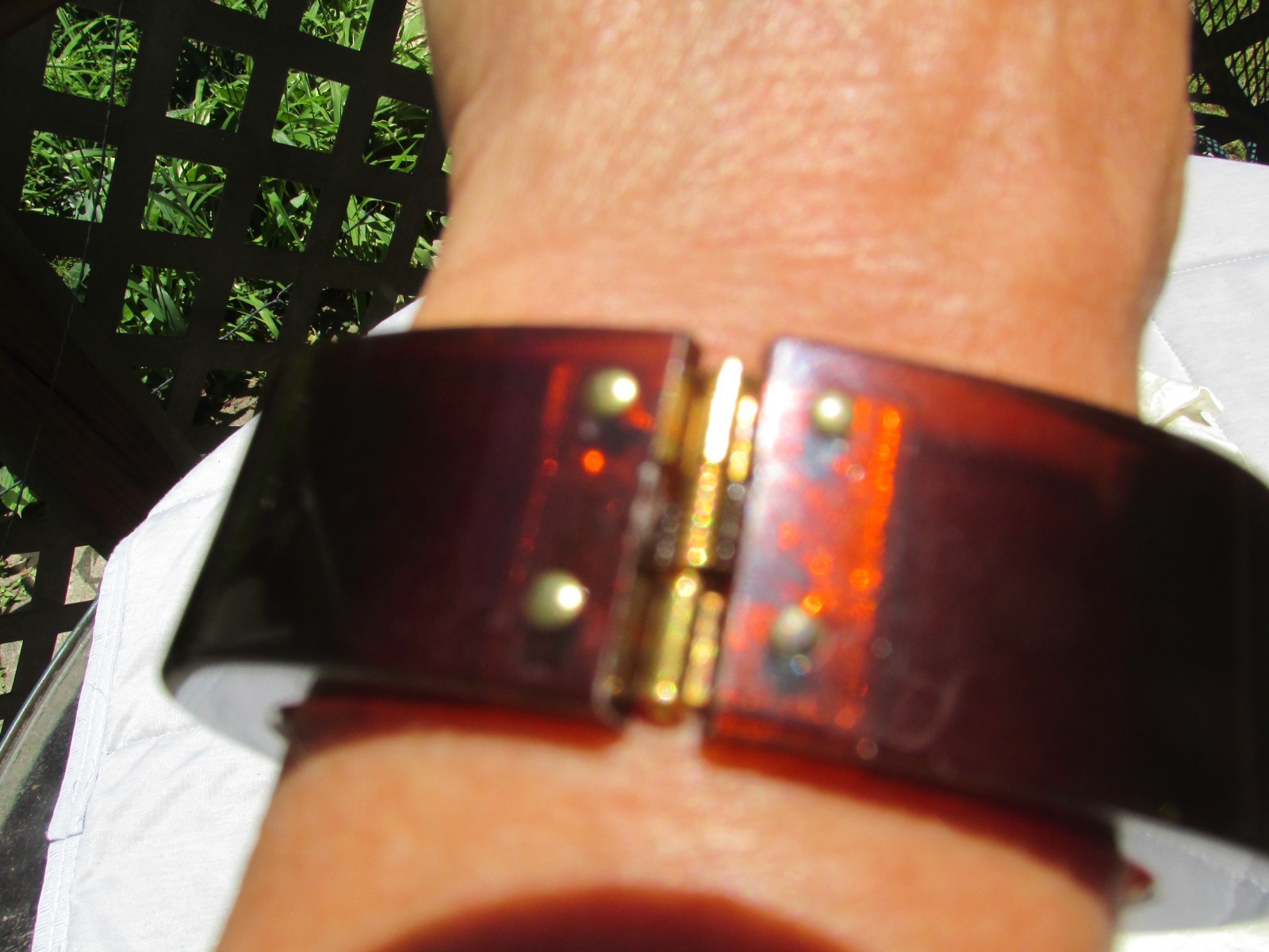 Vintage Lucite Clamper Bracelet GC Initials Brown 6.5″ Gold Plated Statement