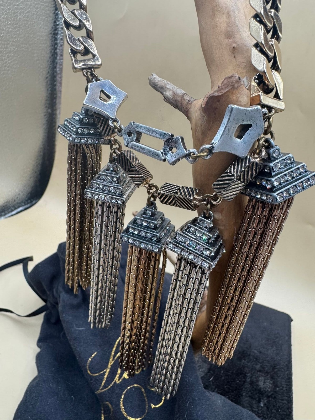 Vintage Lulu Frost Pyramid Duel Tone Rhinestone Dangle Lobster Clip Necklace