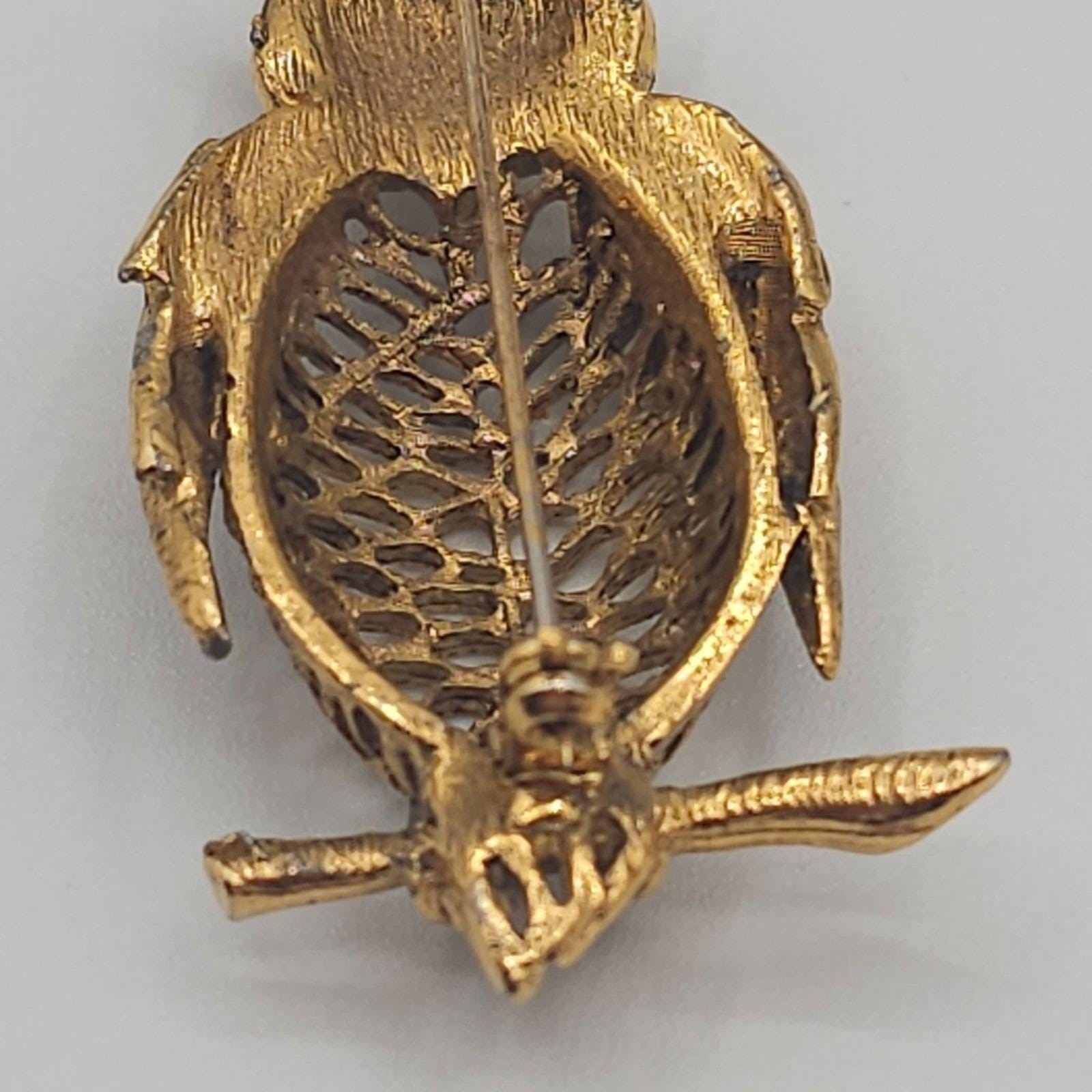 2pc Vtg Owl Brooches Gold Tone Rhinestone Figural Animal Nature Wise Forest Pins