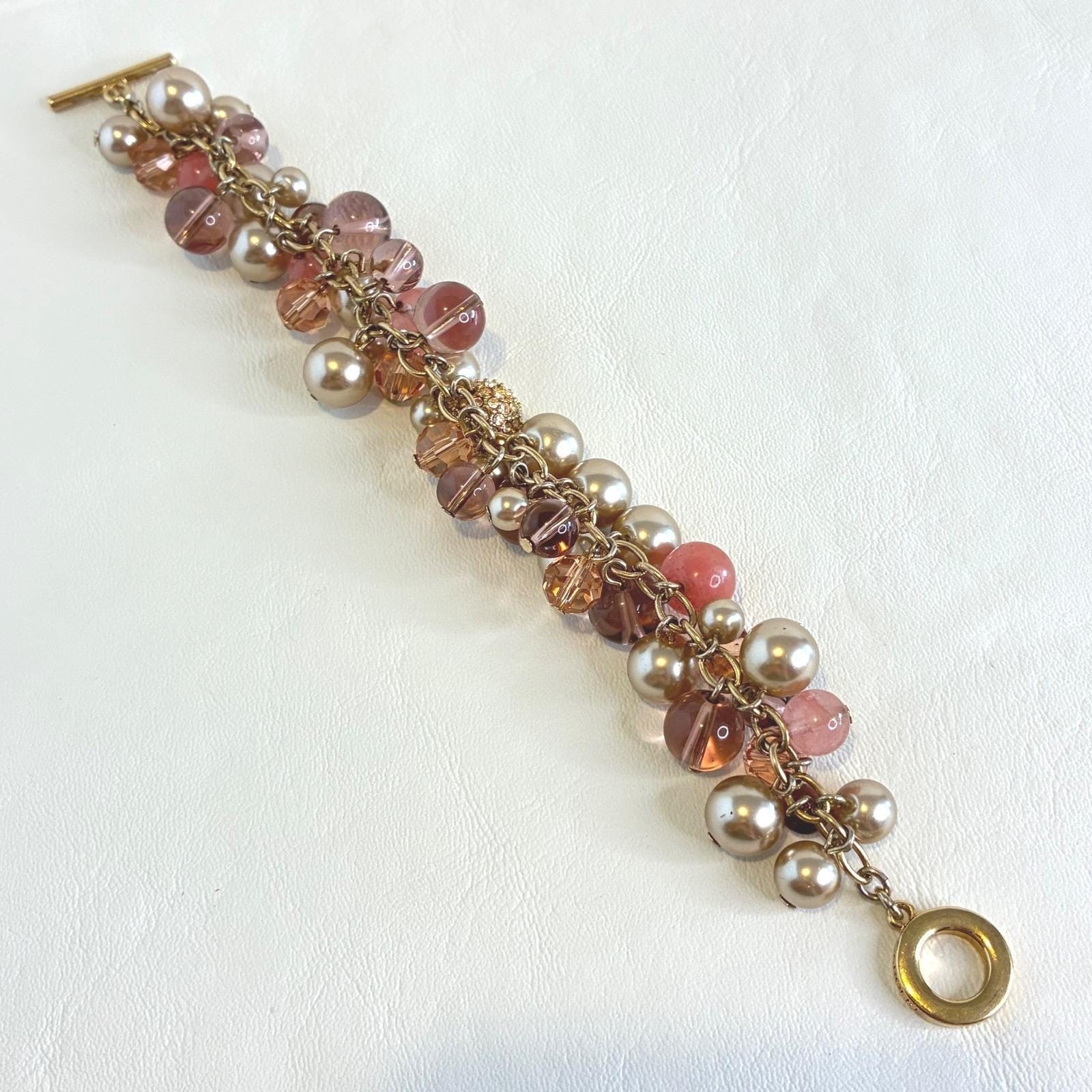 Vintage Carolee Bracelet Gold Tone Faux Pearl Glass Bead Rhinestone Charm Pink