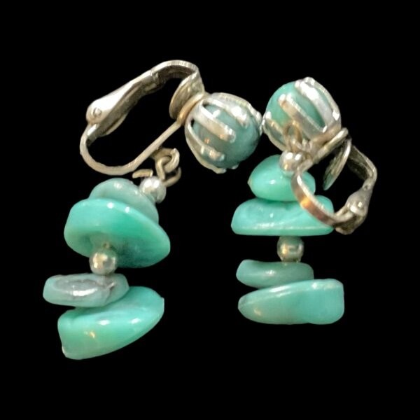 Vintage Hong Kong Faux Turquoise Beaded Dangle Drop Earrings
