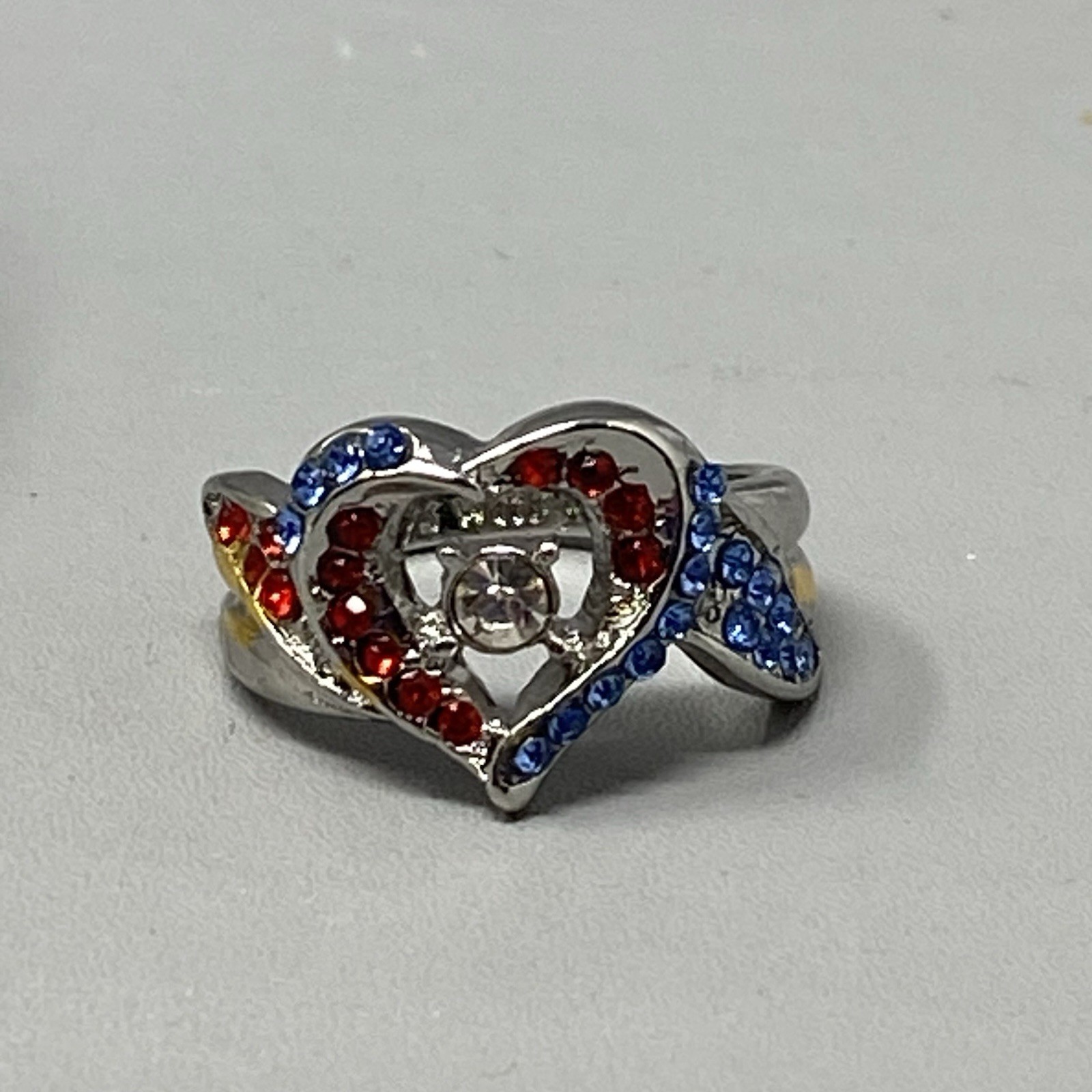 Heart Cocktail Ring Red White Blue Crystals Silver Tone Always With You Engraved