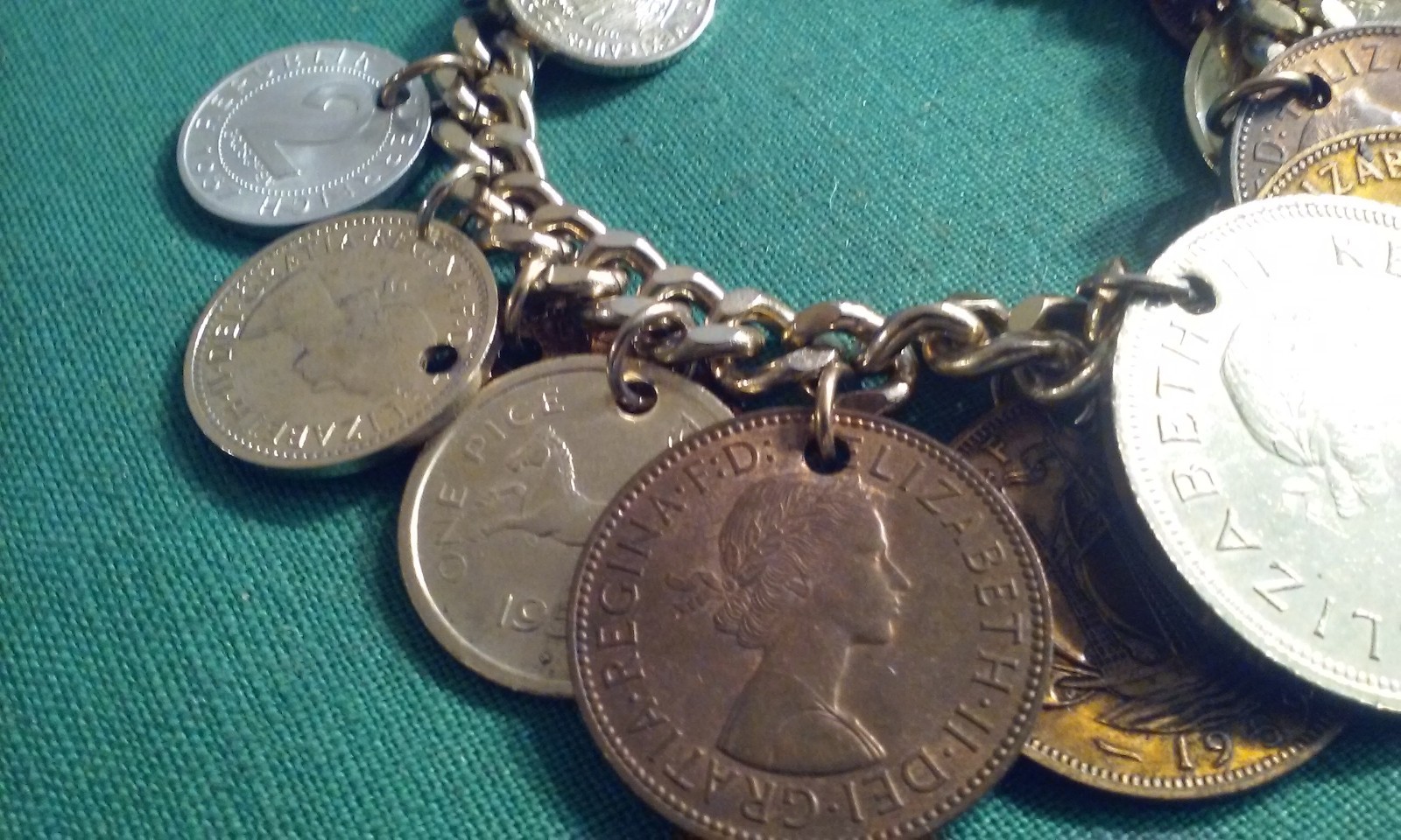 Vintage 15 RARE 1950’s Coin Charm Bracelet South Africa, India, Osterreich 8″