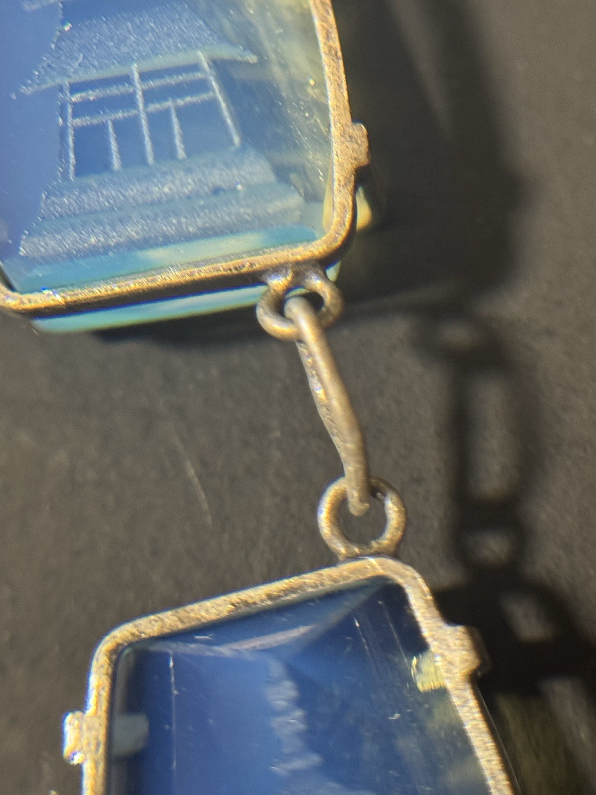 Vintage Japan Silver Pagoda Reverse Carved Opaline Glass Necklace