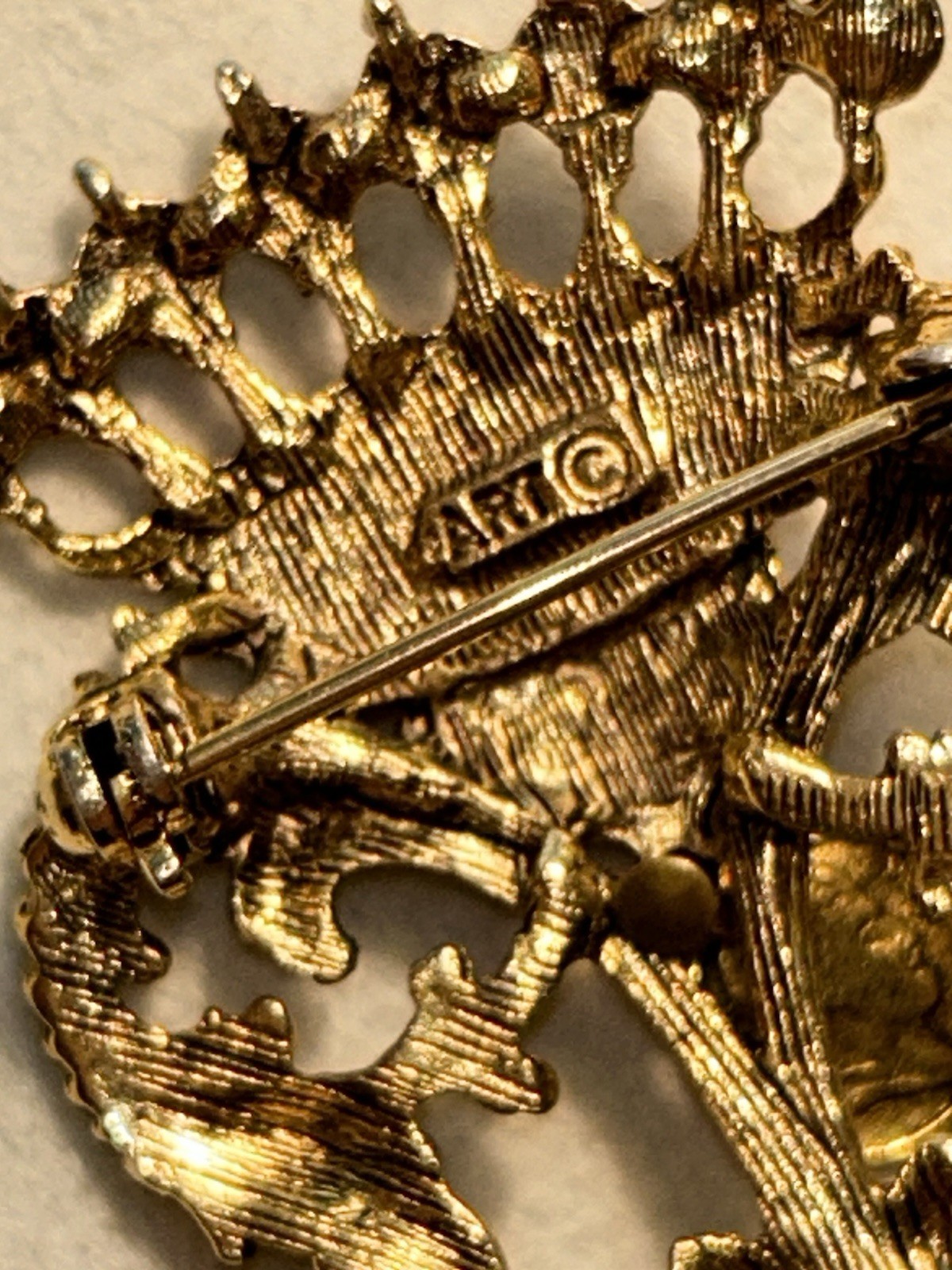 Vintage ART Arthur Pepper Gold Crown Crest Faux Coin Dangle Brooch Heraldic 60s