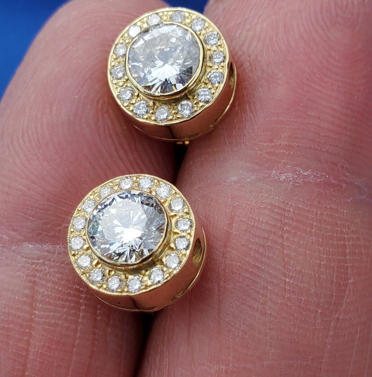 Original EARTH MINED DIAMOND Deco Bezel set Halo Studs Earrings SOLID 18K GOLD