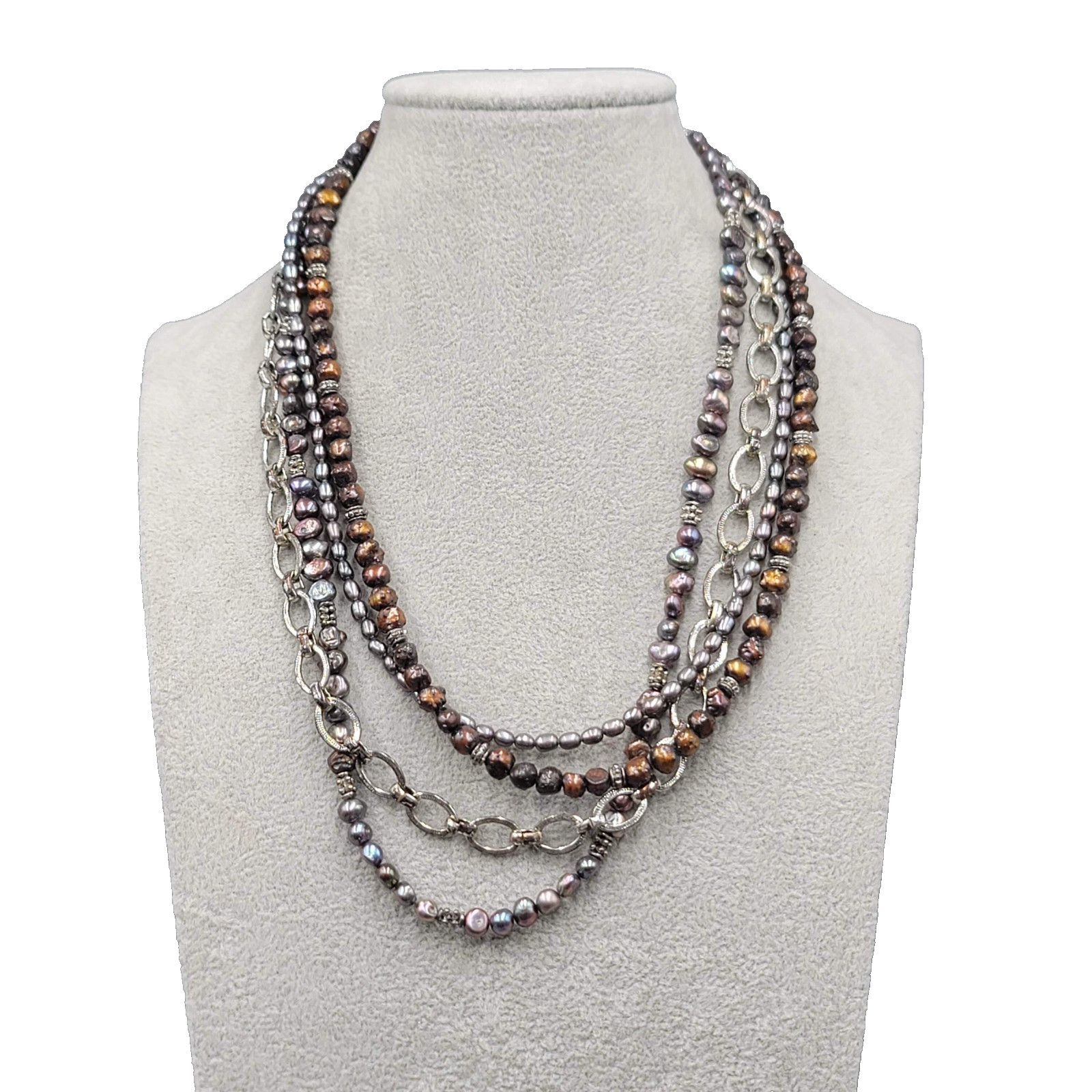 Vintage Multiple Strands PEARLS Bead Necklace Silver tone 18″