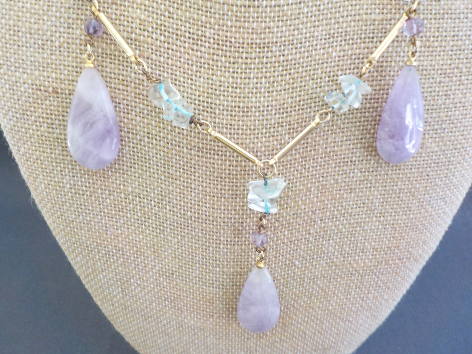 Hobe Amethyst ?? Teardrop & Dyed Chip Gold Tone Metal Clasp Necklace Signed No.