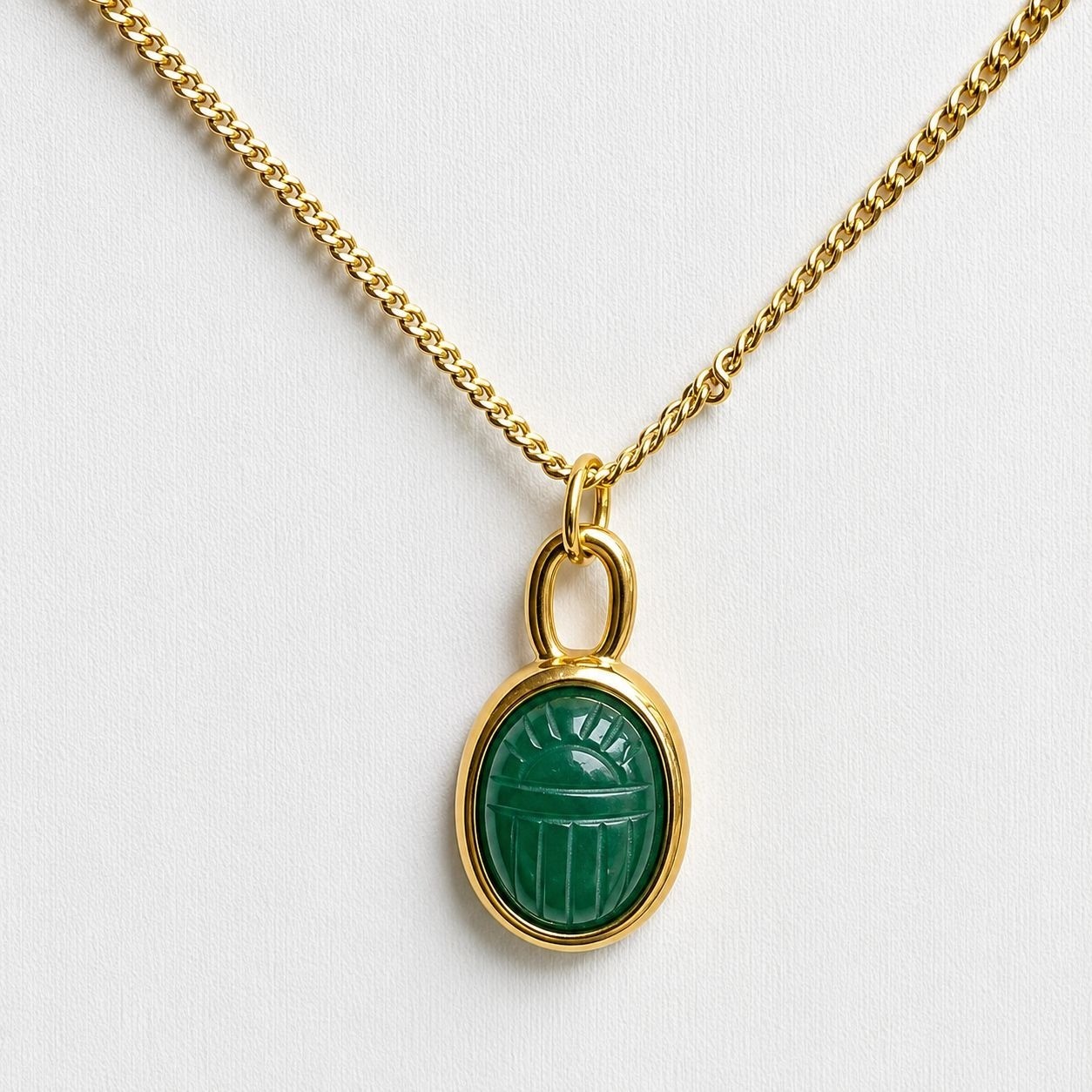 Vintage Green Gold Scarab Necklace Genuine Stone Pendant 1970s