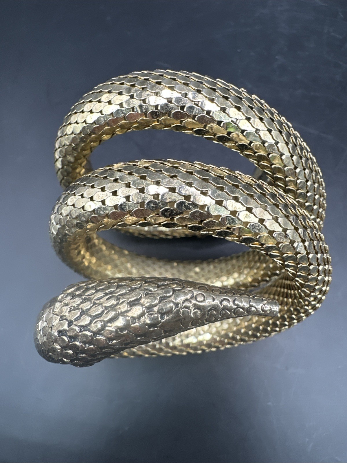 Whiting & Davis 50s 60s Gold Plated Figural Snake Coil Triple Wrap Bracelet