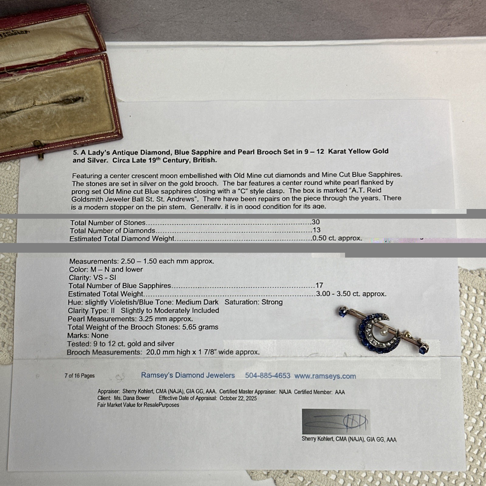 Late 19th Century MOON Sapphire, Diamond & Pearl Broach Set In 9-12k Gold w BOX