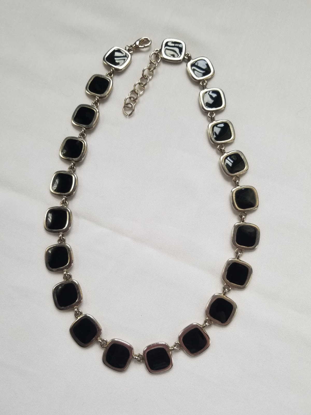 Vintage 1970s Black and Cream Enamel Geometric Necklace Reversible Silvertone