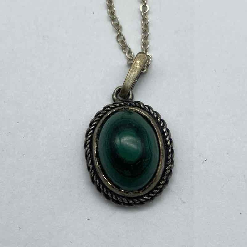 Sterling Silver 925 Malachite Pendant Necklace & Ridged Dome Ring Set Size 3.75