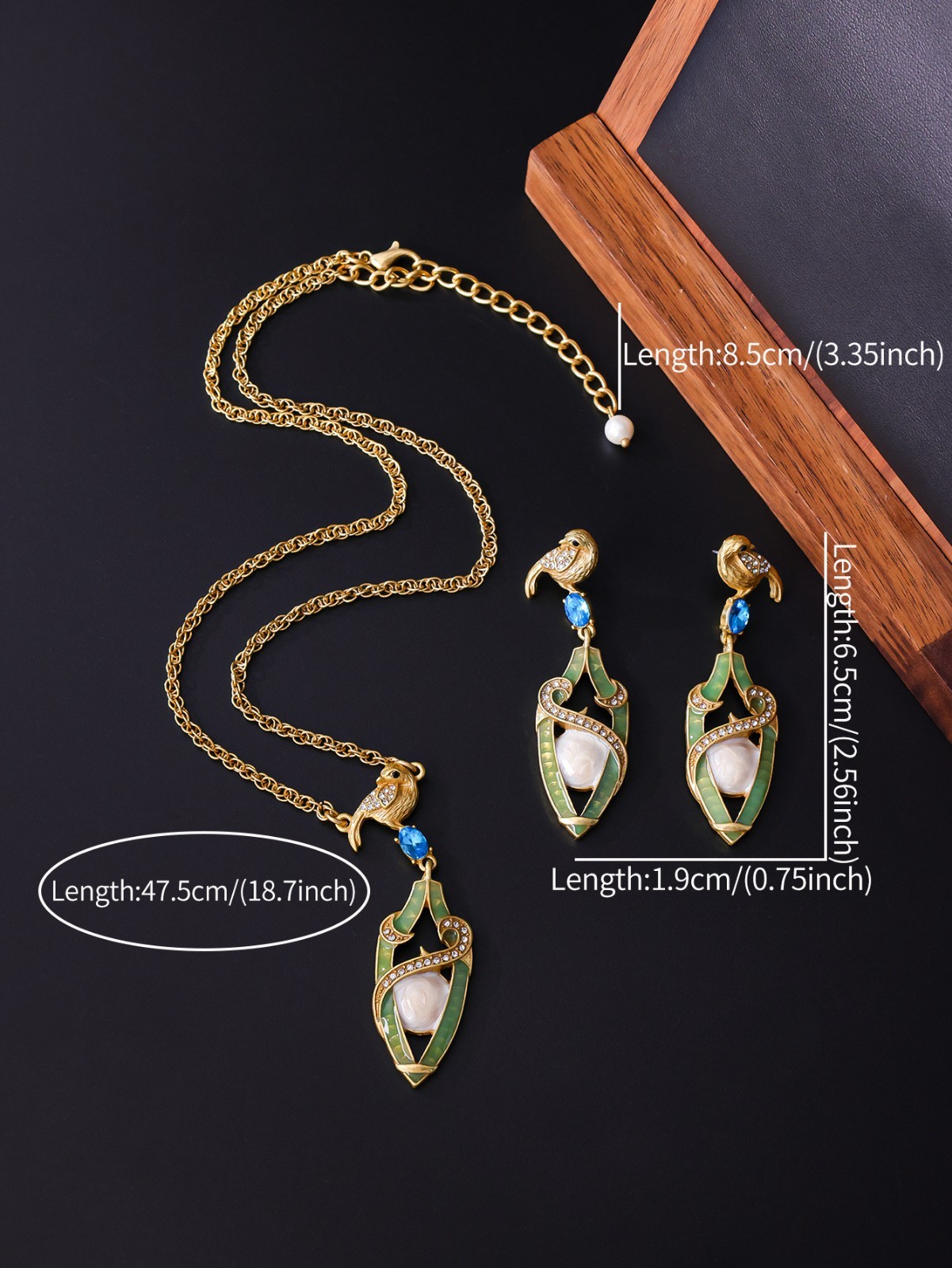 Vintage Victorian Bird Set Necklace Earrings Gold Rhinestone Jewelry Gift
