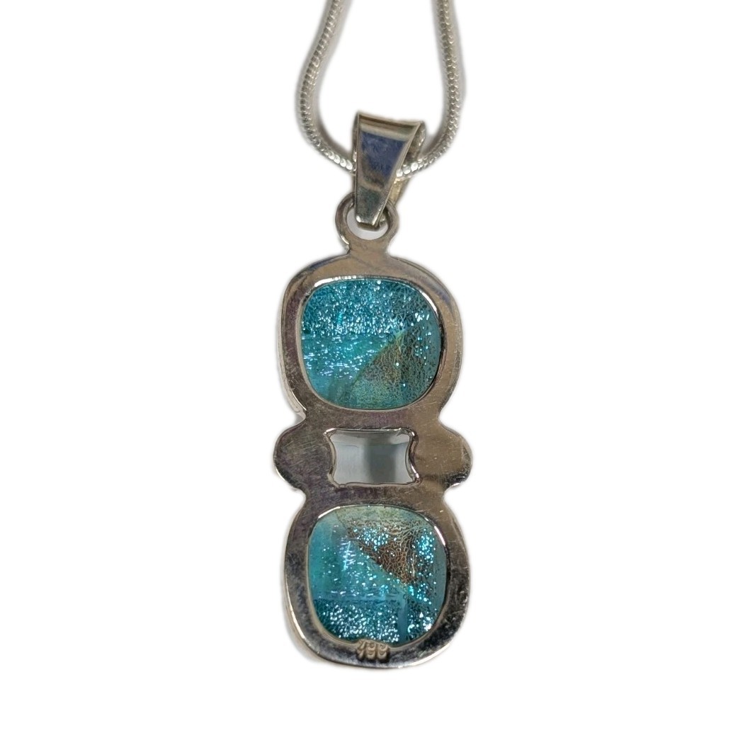 Vintage Sterling Silver Blue Dichroic Glass Pendant 1990s Handmade In Mexico