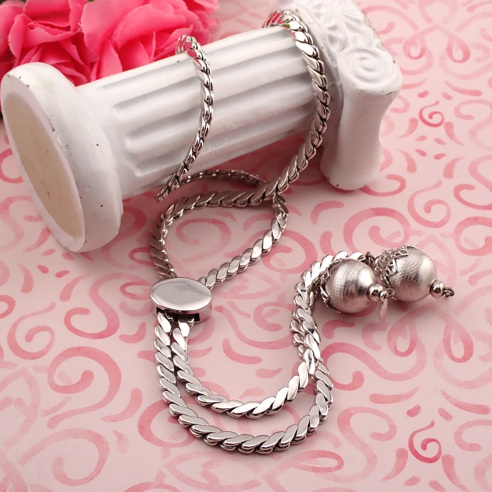 Monet Lariat Slide Silver Tone Cobra Filigree Dangle Ball Adj to 20″ Necklace
