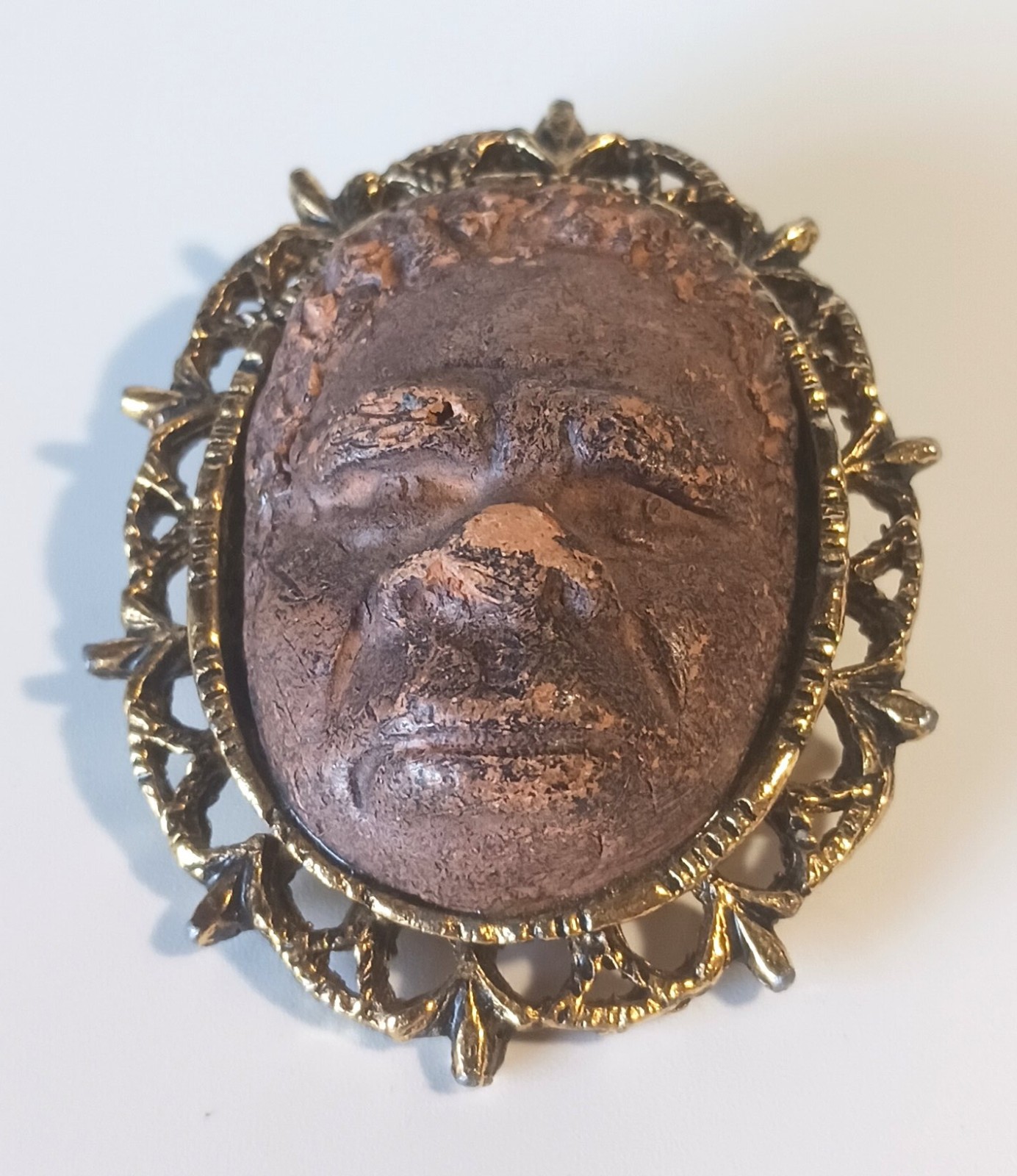 Vintage Signed Brooch: Carved Clay African Face in Ornate Gold-tone Frame