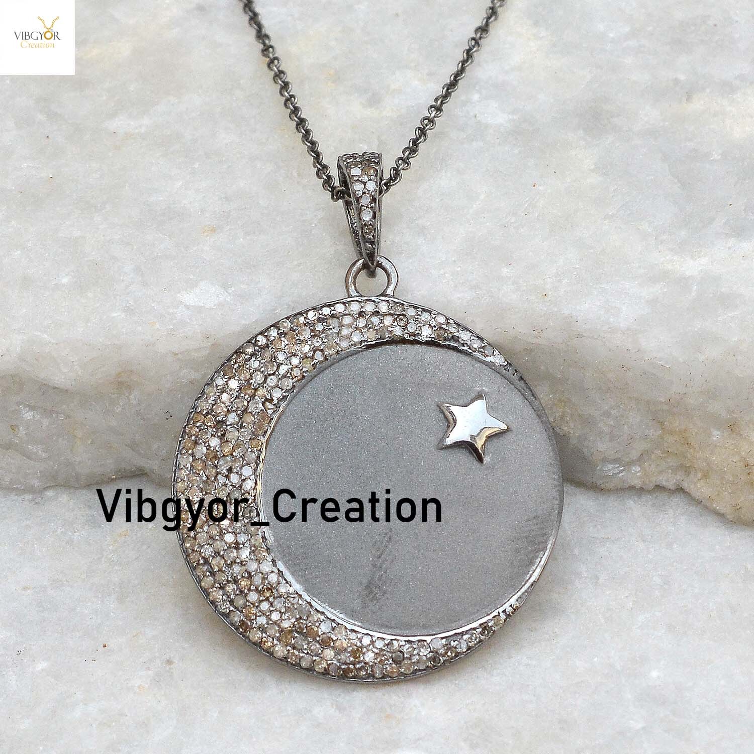 Natural Pave Diamond Crescent Moon Pendant 925 Sterling Silver Matte Finish Gift