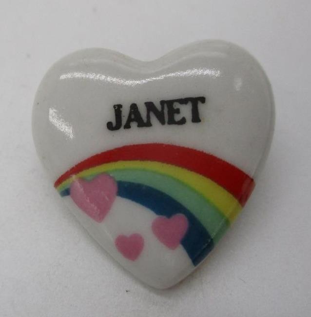 Vtg NEW 1980s 80s Rainbow Heart Name Pin “JANET” Personalized Hat Bag Jacket