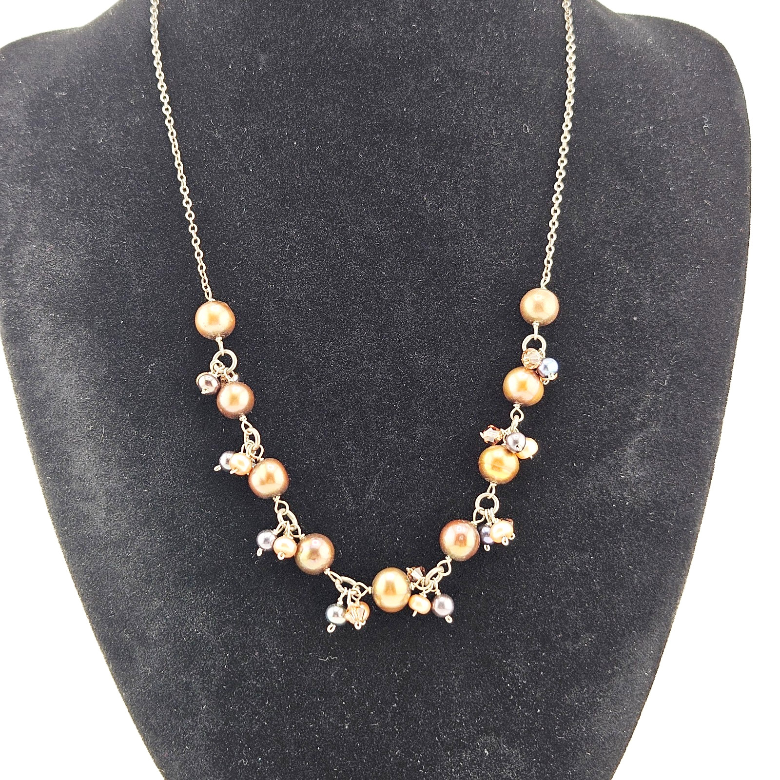 🌸 Vintage Sterling Silver Baroque Pearl Cluster Necklace – Brown/Gold/Black Pea