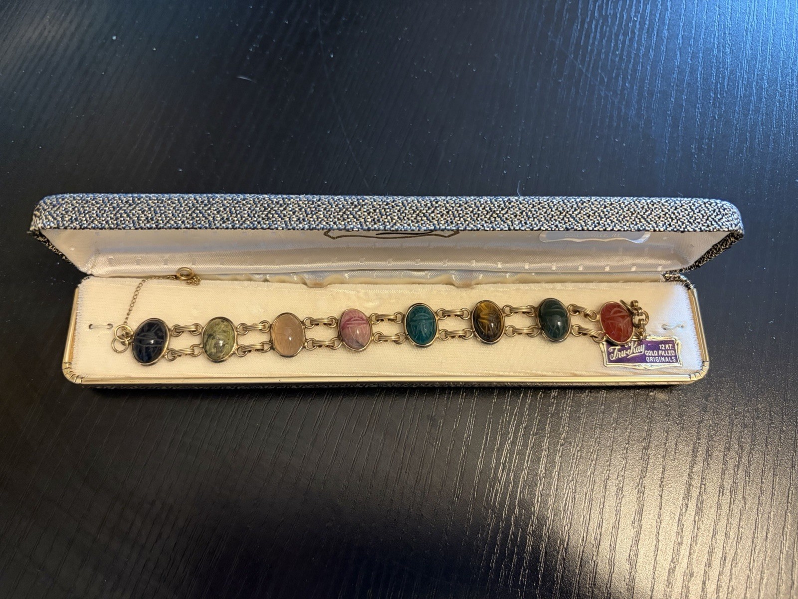 Vintage SCARAB 12kt Gold-filled Double link Multi-stone Bracelet In Original Box