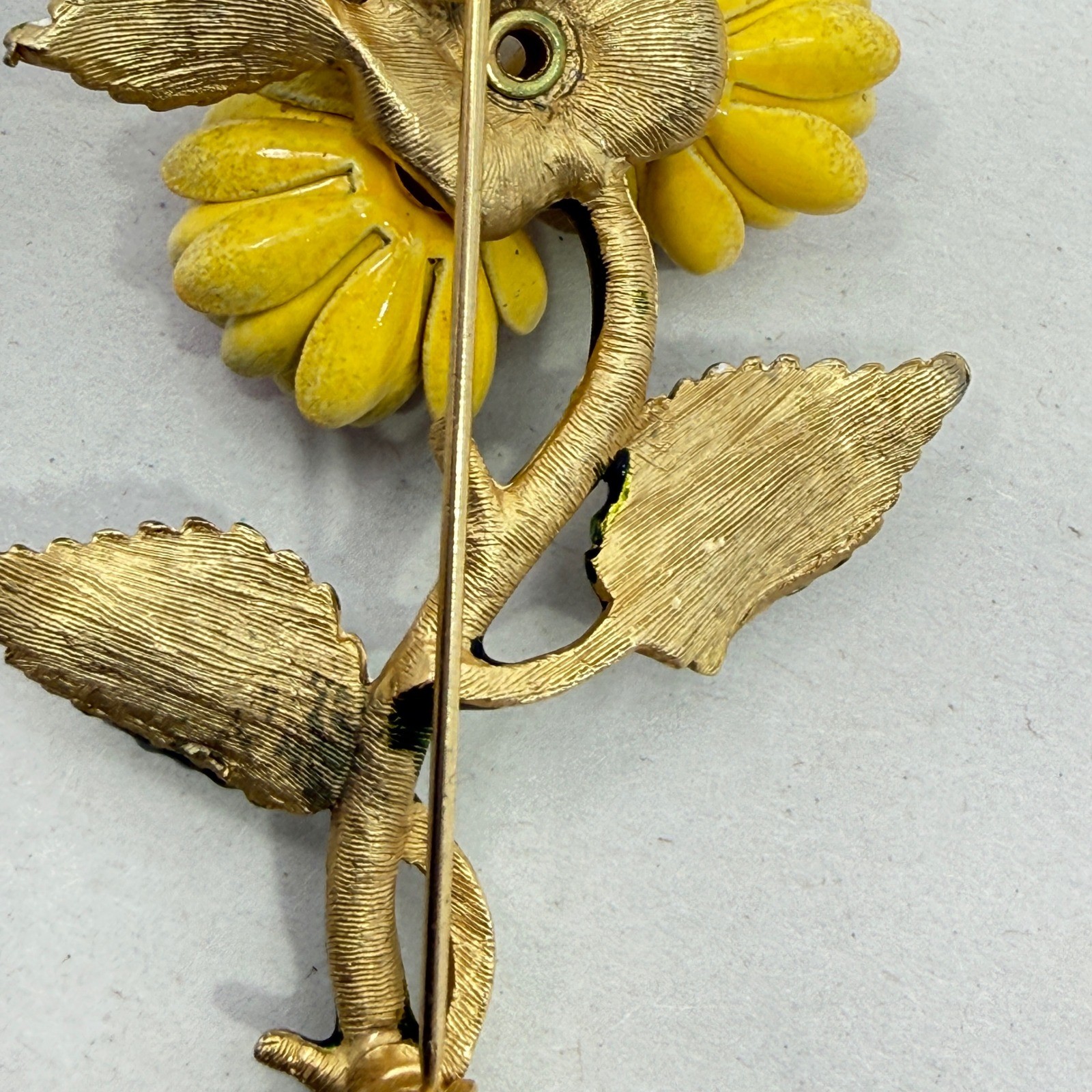 Vintage Enamel Flower Brooch Yellow Pink Green Floral Mid Century Botanical 3″