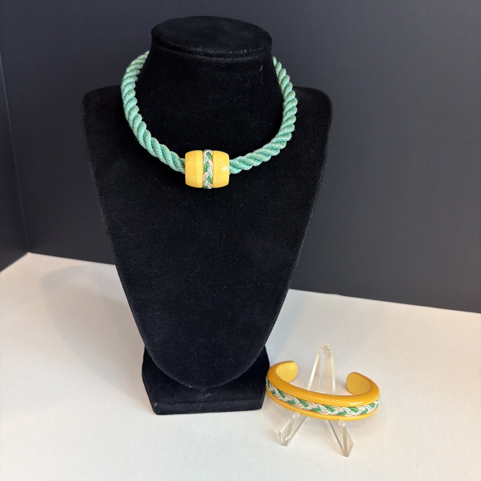 Vintage Butterscotch Bakelite Enhanced Threaded Cuff Bangle & Rope Bracelet Set