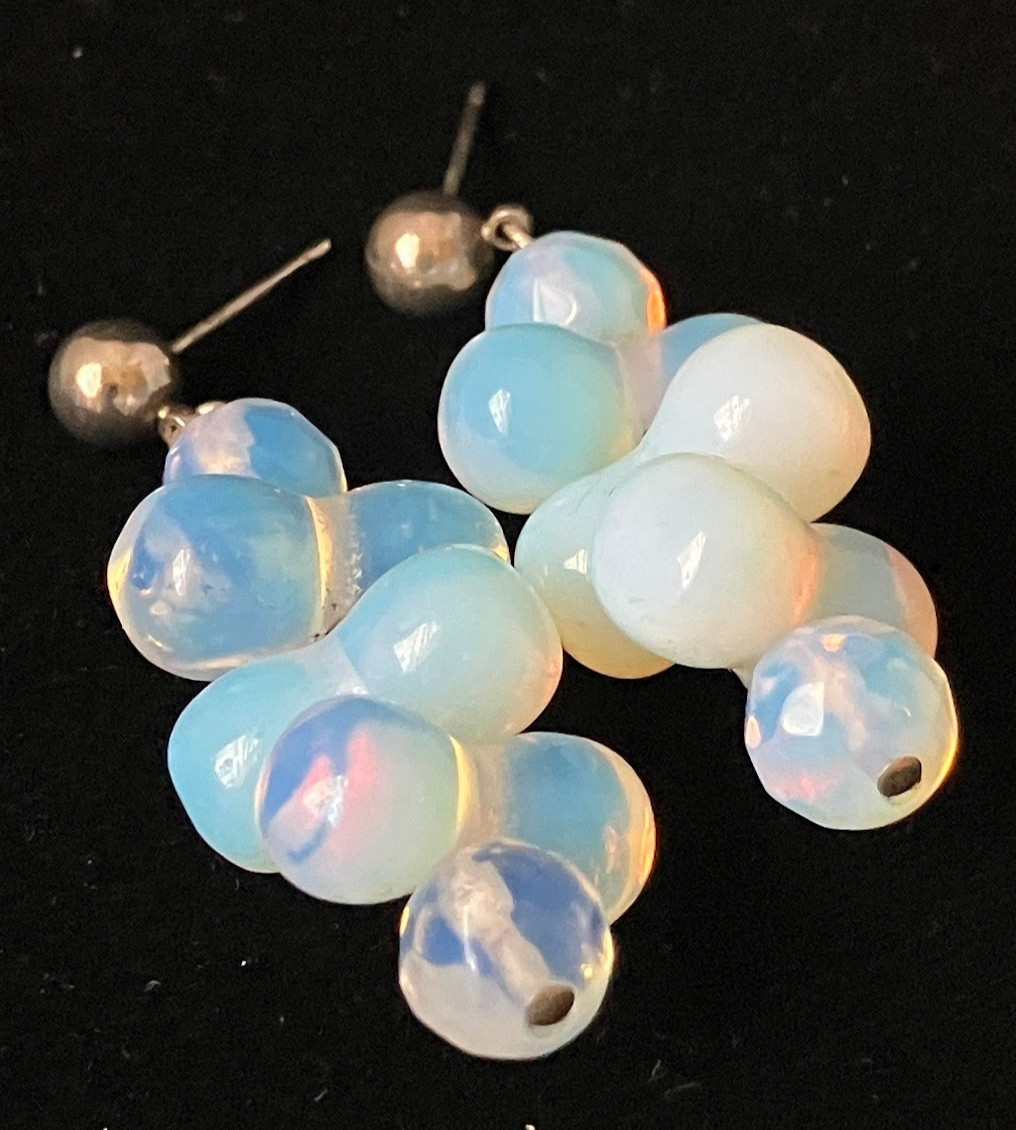 Vintage Opaline Glass Beaded Earrings Pierced Post Iridescent Cluster Dangle