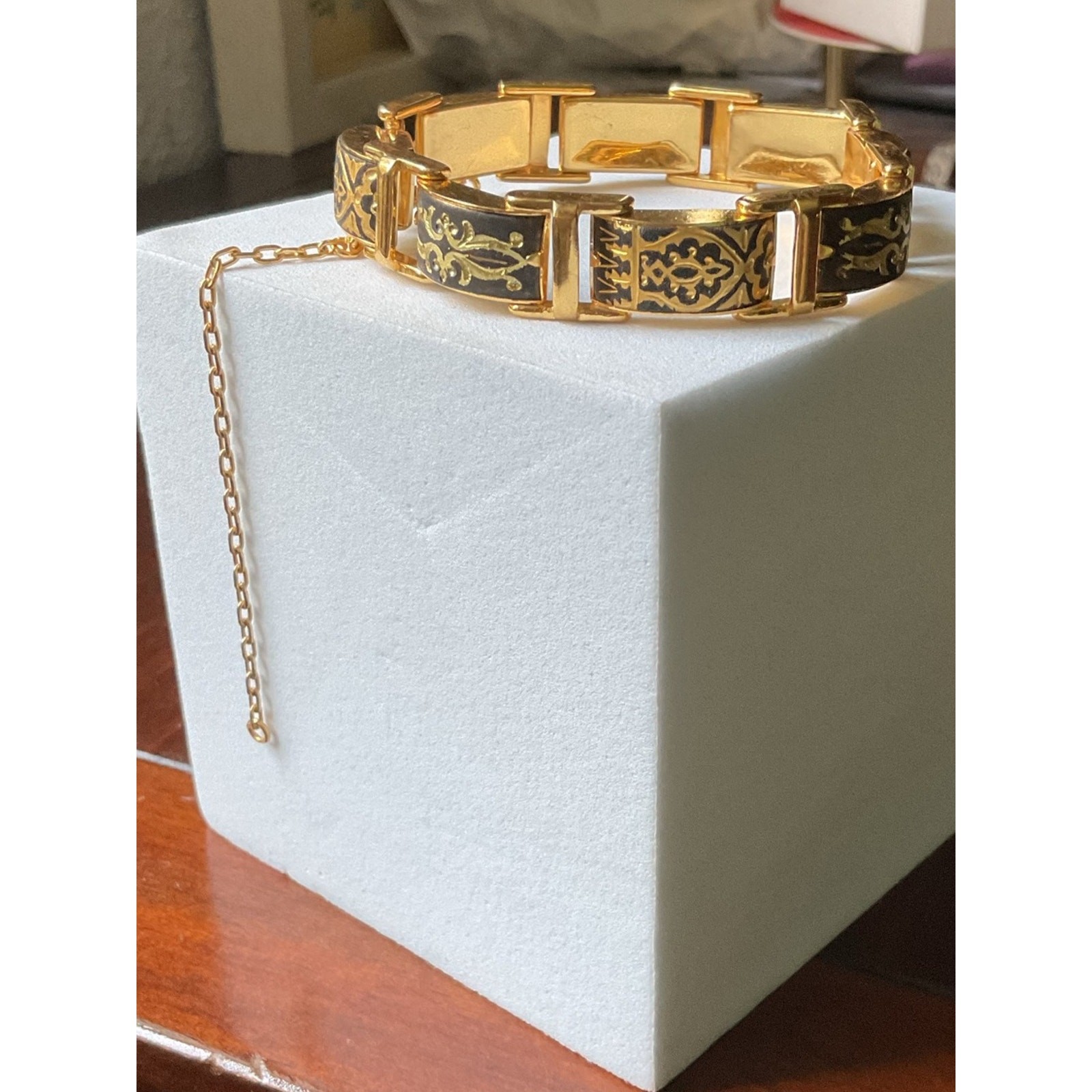 Vintage Damascene Linked Panel Bracelet Gold Tone 7.25” Repair Craft