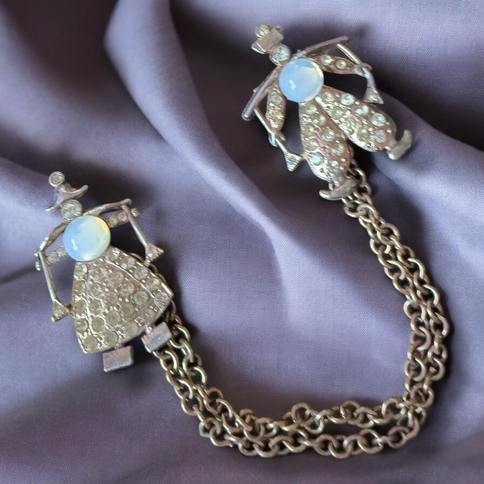 Opaline Glass Chatelaine Brooch Pot Metal Dutch Boy Girl Vintage 1940s