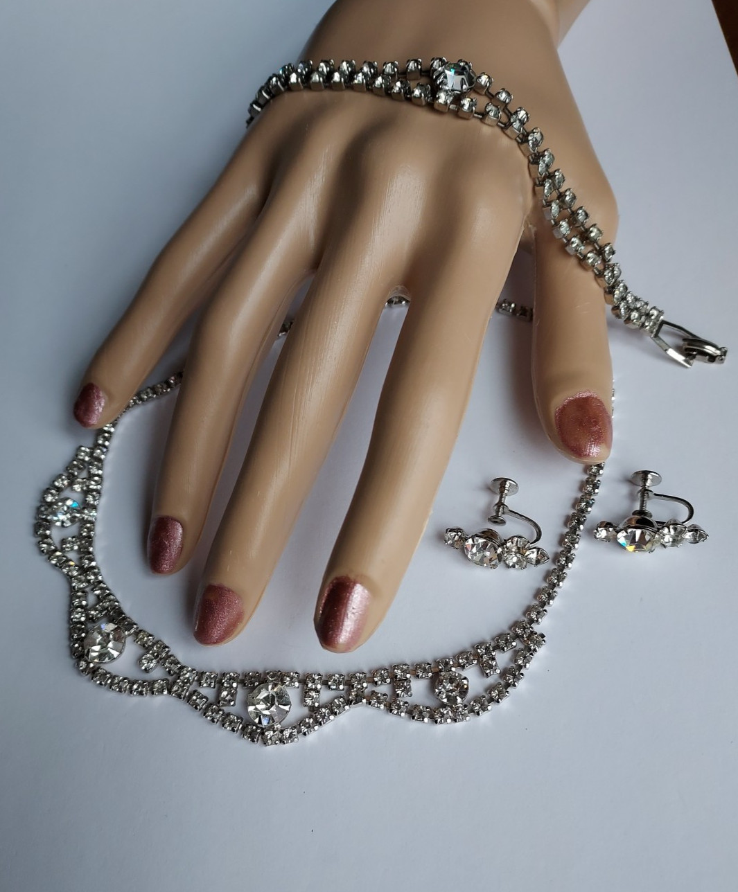 Rhinestone Parure 3 Piece Crystal Clear Bracelet Earrings Necklace Vintage Set