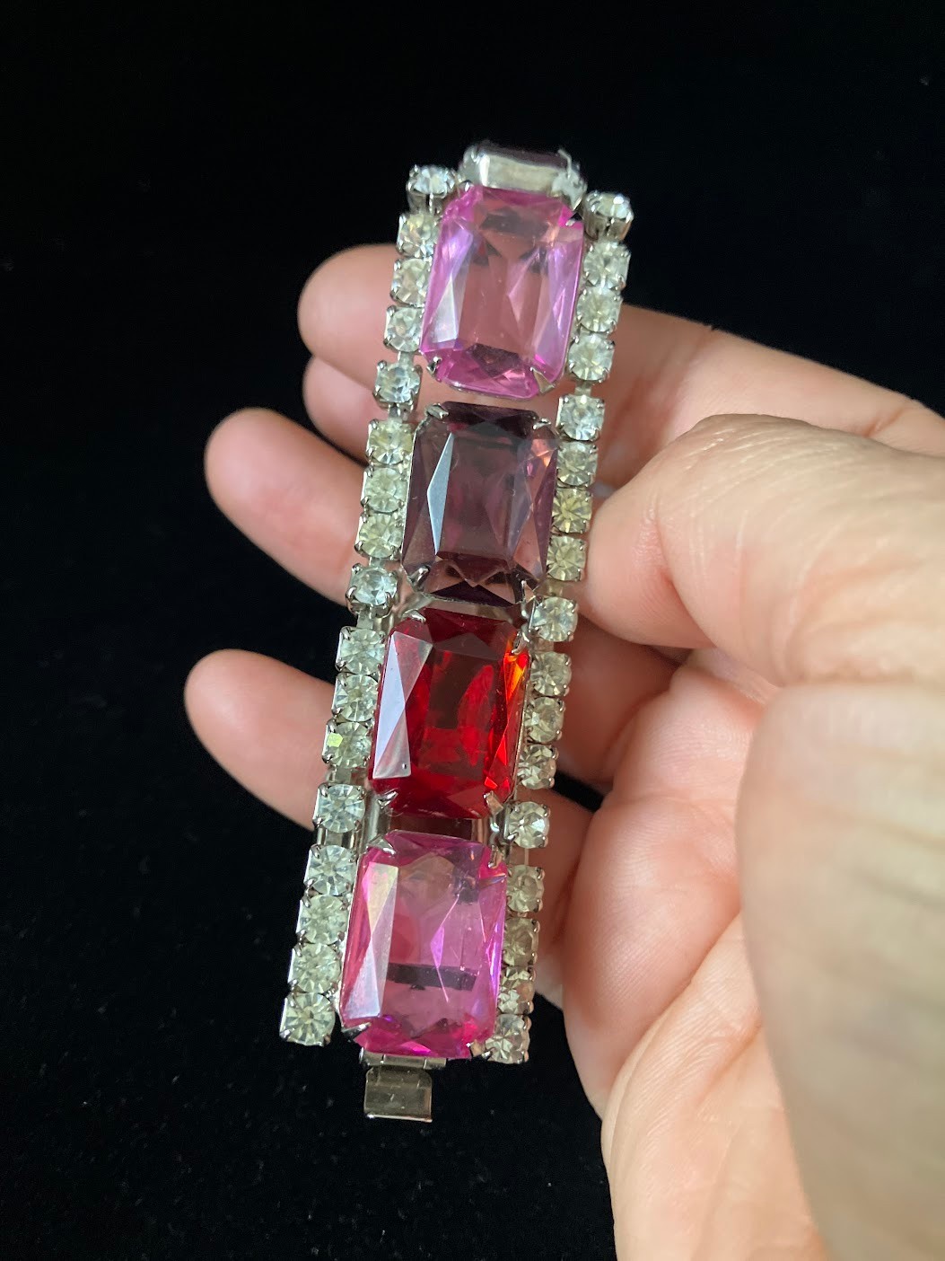 Vintage Rhinestone Panel Bracelet Square Cut Chunky Bling Purple Pink Red Clear