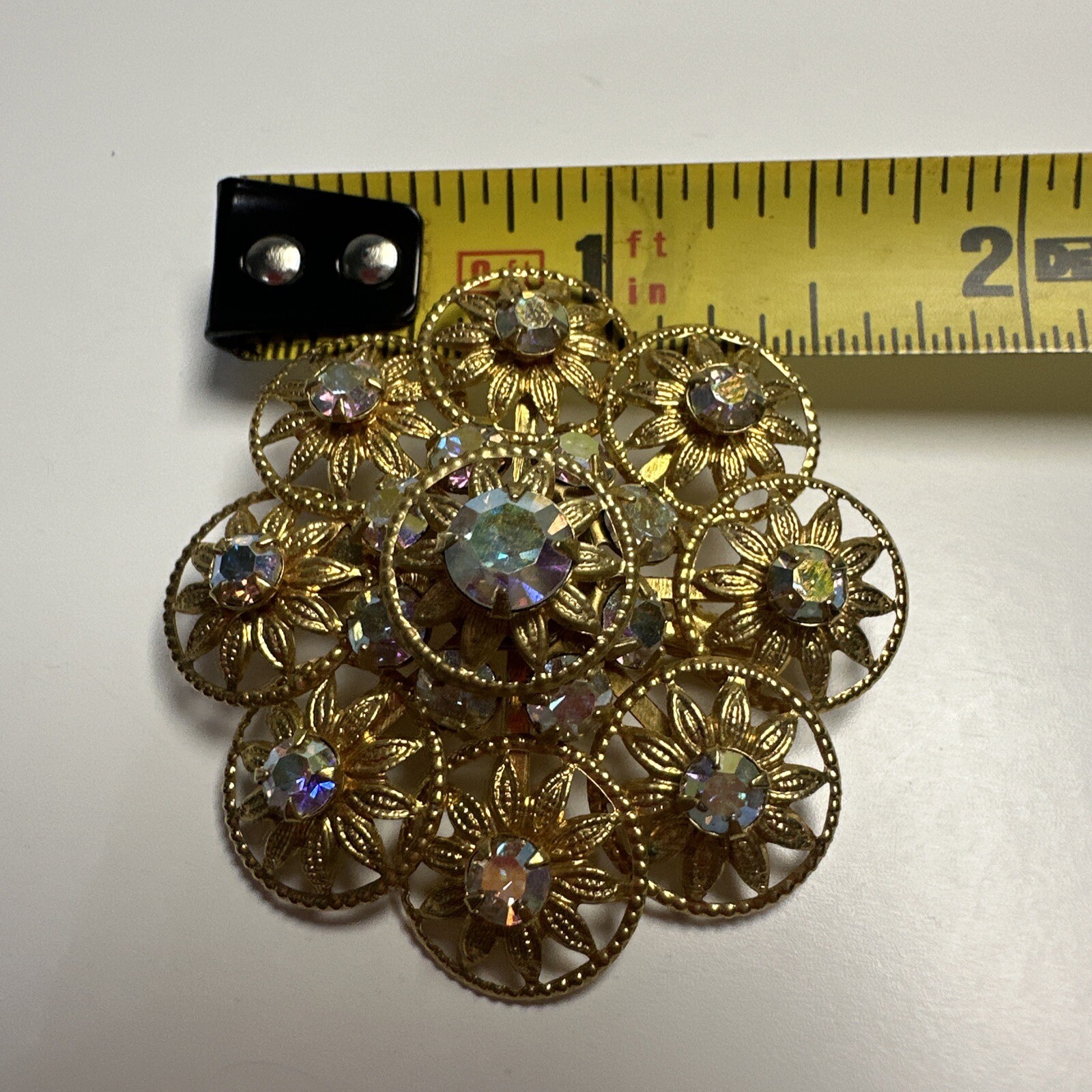 Vintage Gold Tone Round Floral Design Aurora Borealis Fashion Brooch 1.66 Inch