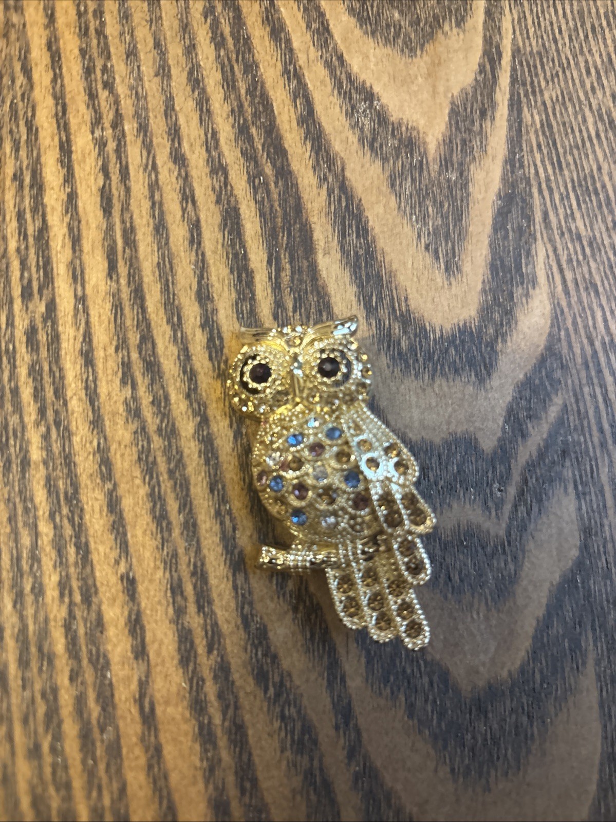 Monet Owl Brooch. Gold Tone Onyx Eyes Multi Color Stones