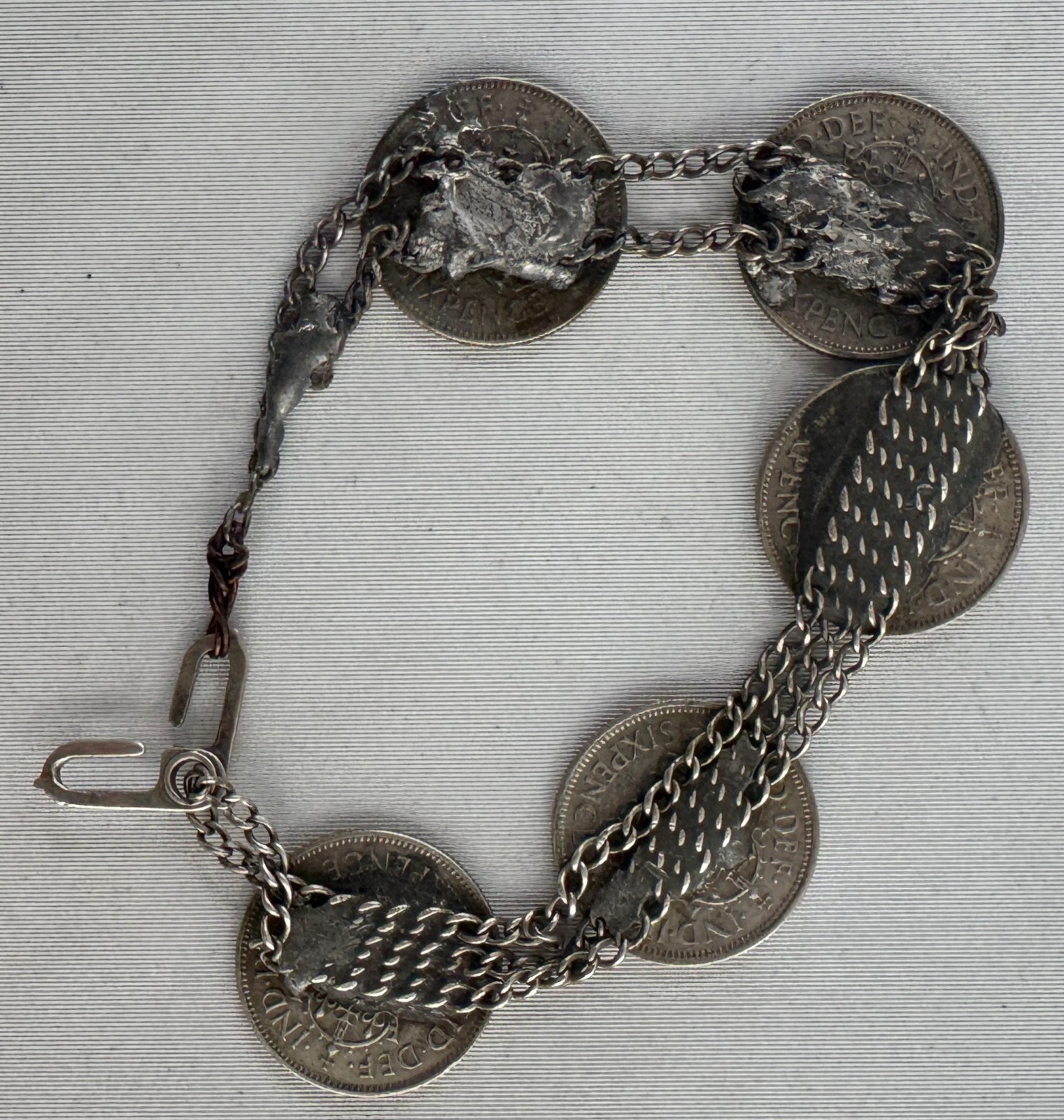Vintage Coin Bracelet with Five 6 Pence Handmade British 50% Silver Coins