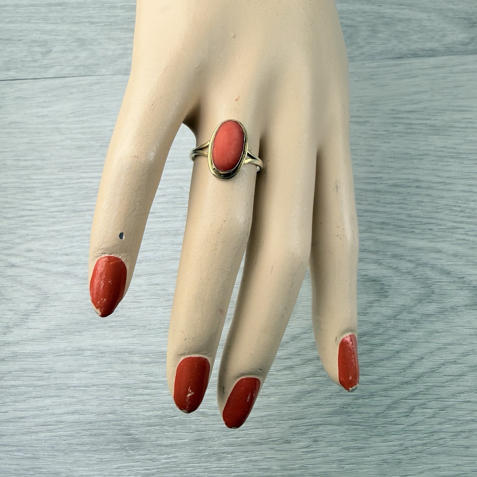 Vintage Antique? Natural Coral Cabochon 800 Silver Gold Tone Ring Size 6.75-7ish