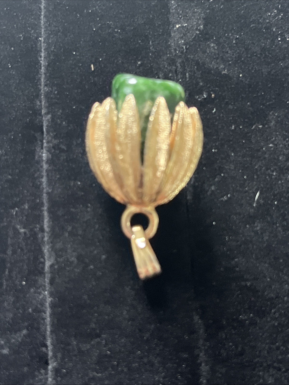 1950s Faux Green Jade Stone & Gold Toned Pendant