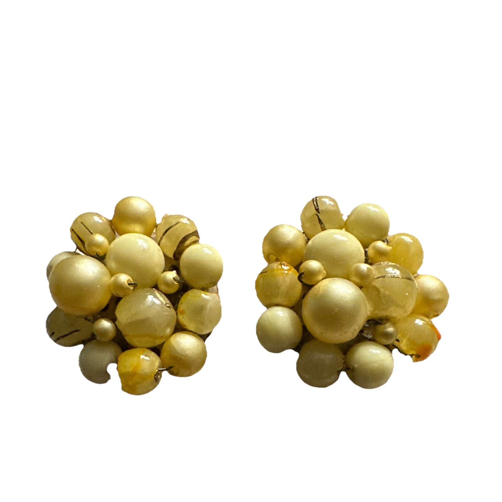 Vintage Signed Japan yellow and Cream Beaded Hand made Clip on Womens Earrings