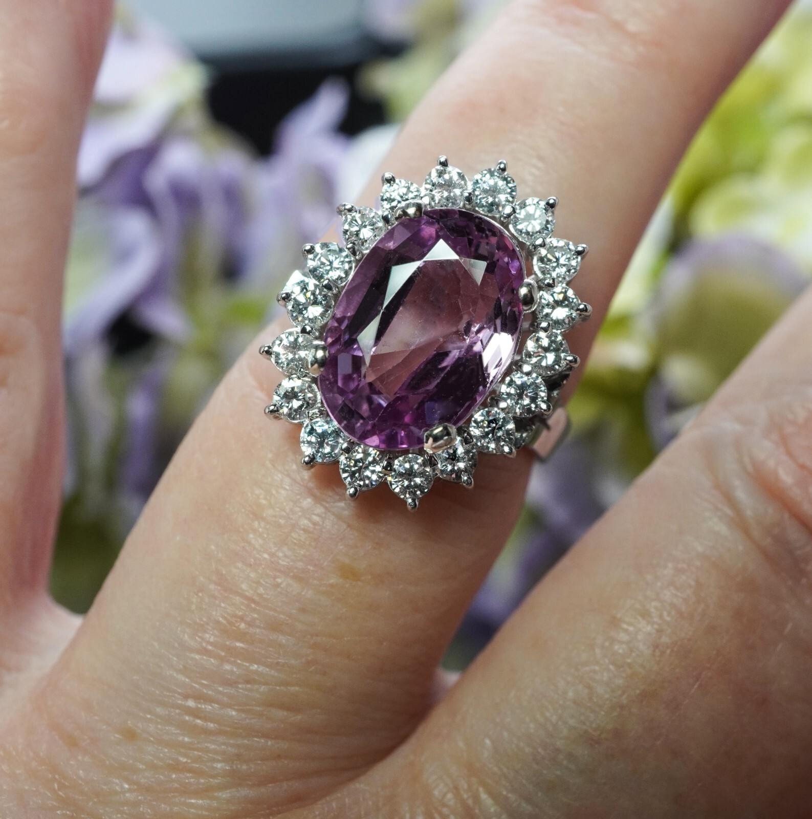 Vintage Large Natural Pink Spinel Diamond Ring 14K White Gold AGI Certificate