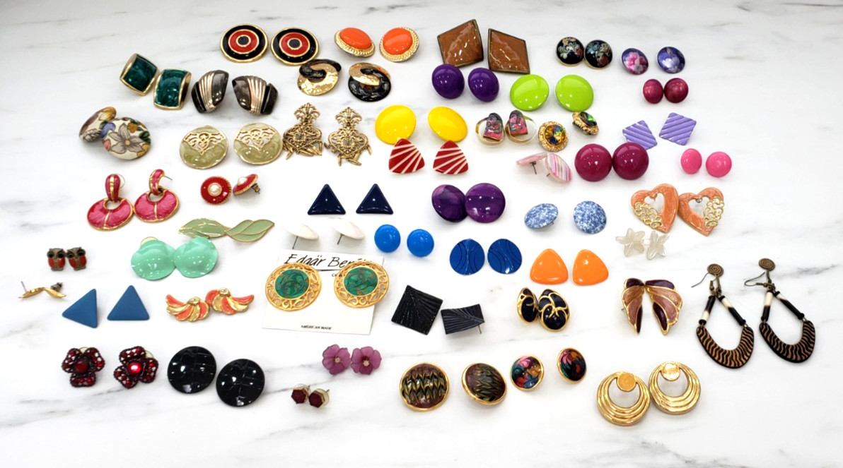 Vintage 80’s 90’s Lot 51 Costume Jewelry Earrings Chunky Bright Gold Tone Etc..