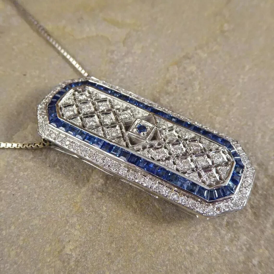 Art Deco Style Sapphire & Lab Created Diamond Wedding 14k White Gold Fn Pendant