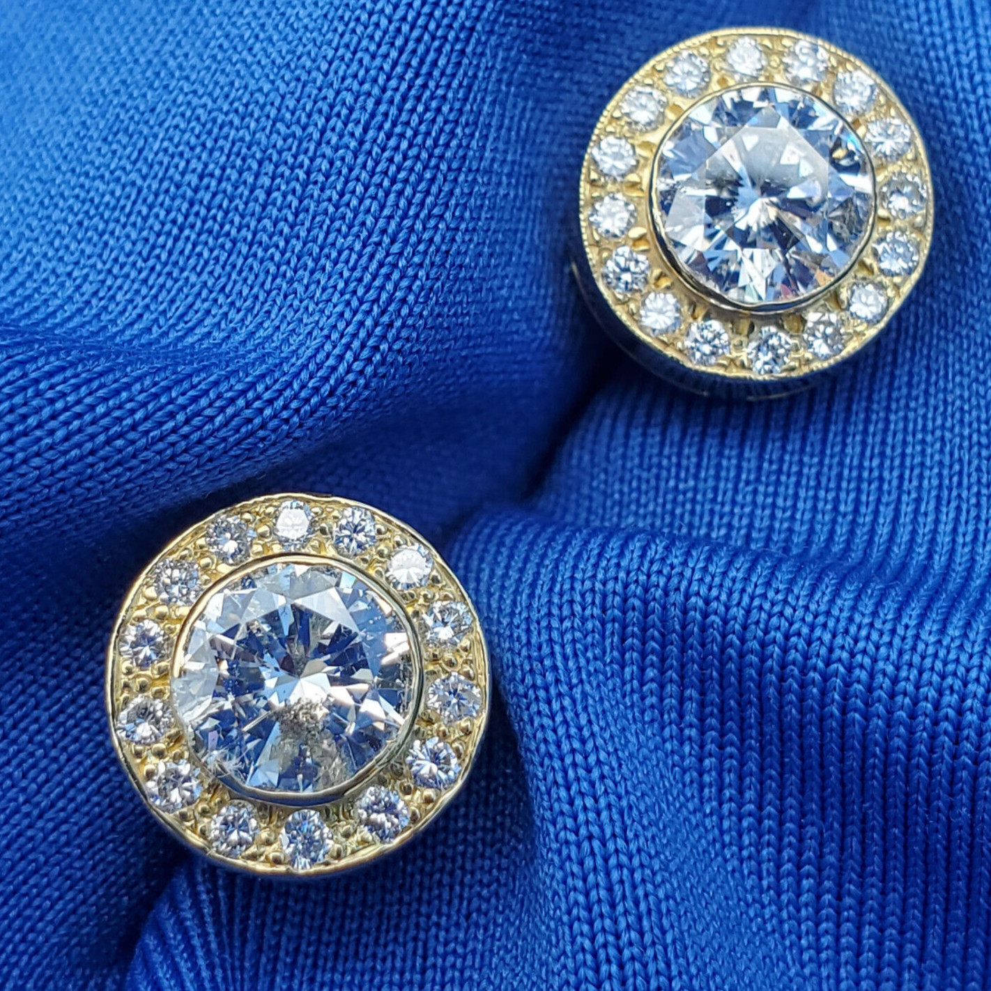 Original EARTH MINED DIAMOND Deco Bezel set Halo Studs Earrings SOLID 18K GOLD