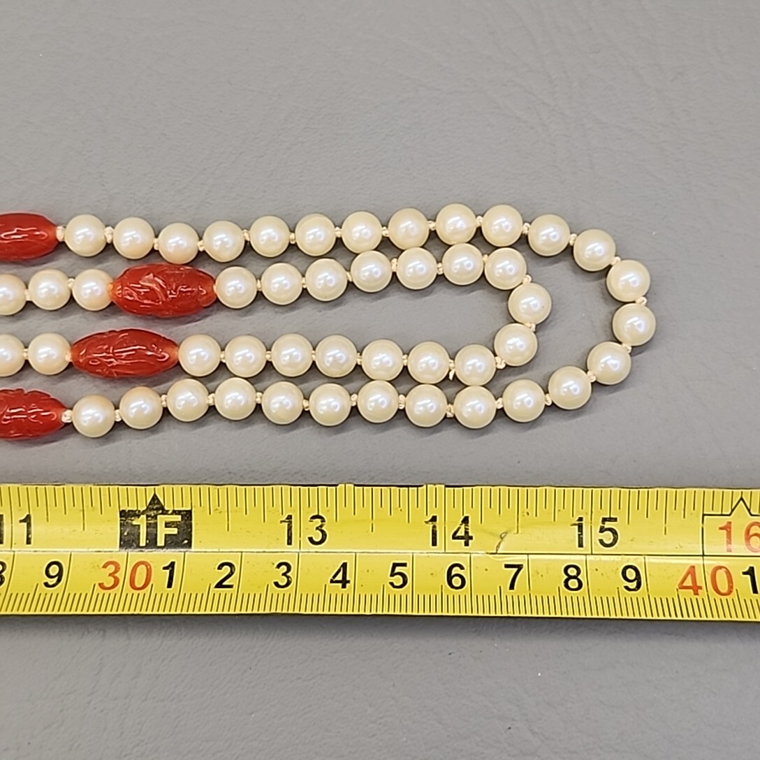 Vtg Bead Necklace Earrings Faux Pearls Layered Peach Art Glass Hong Kong 31″