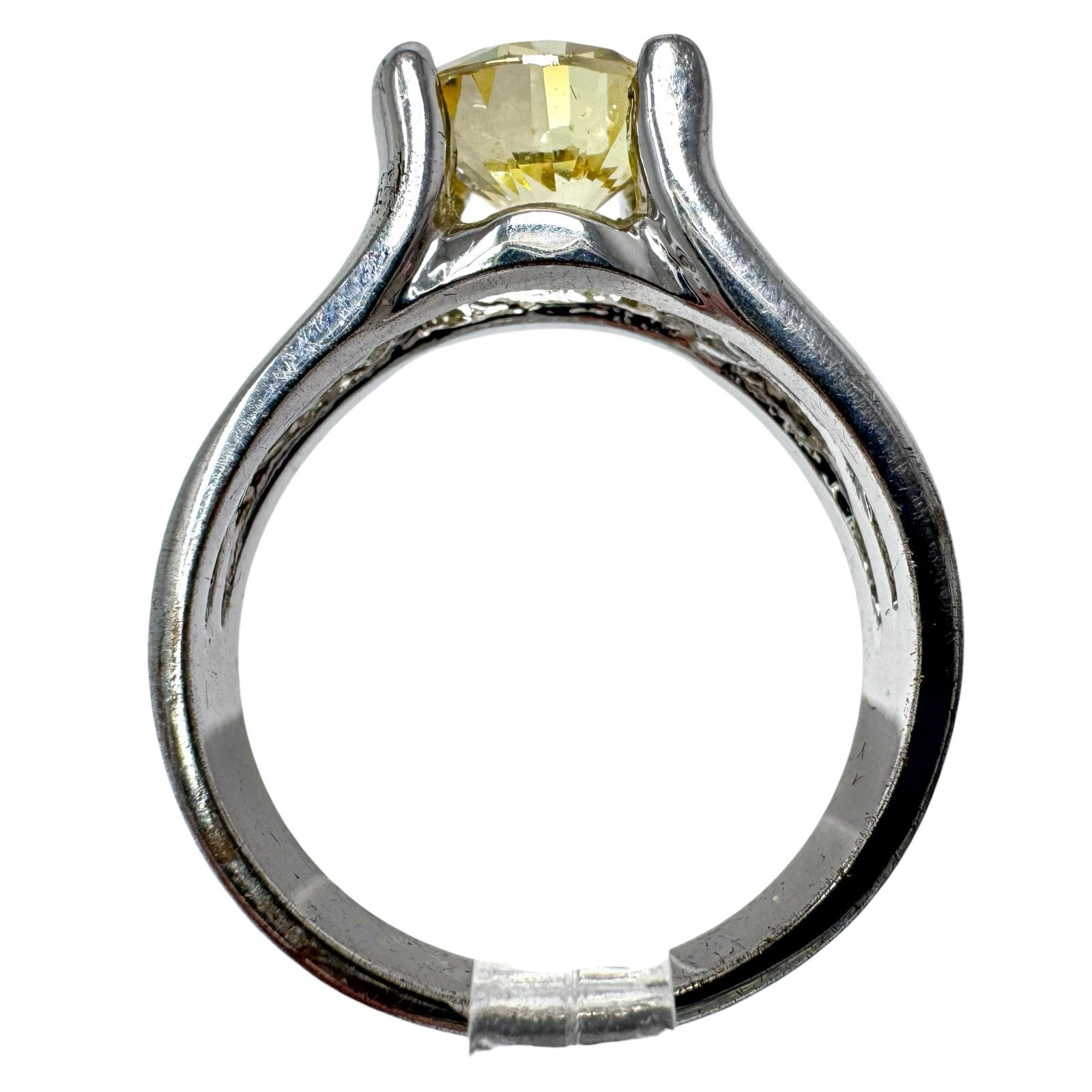 Vtg Silver Tone Yellow Round Crystal Solitaire Ring Clear Side Rhinestones 8.25