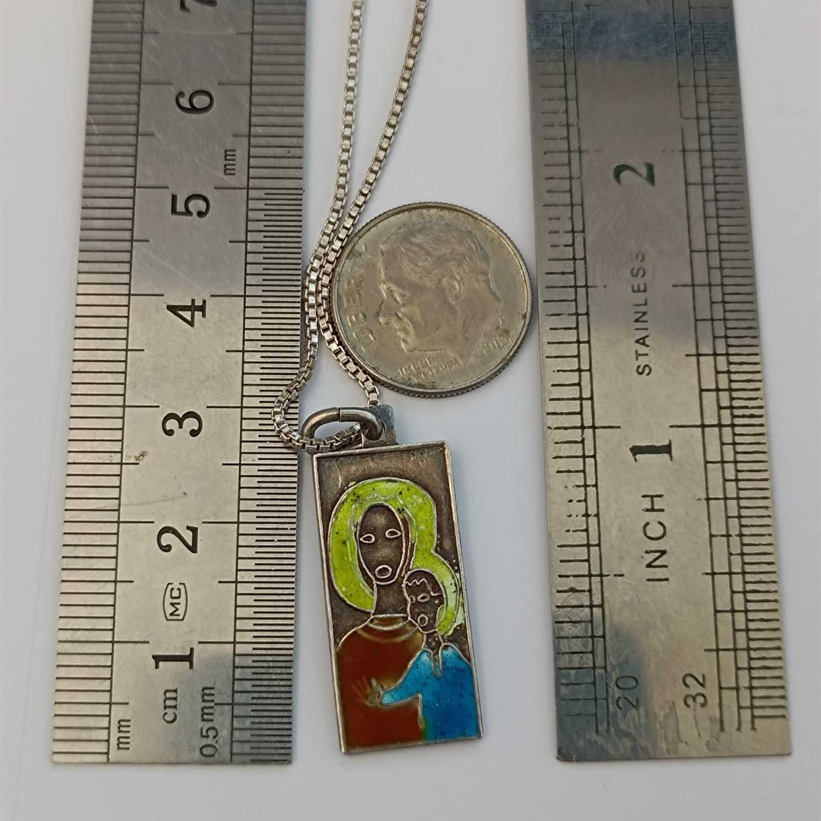 VTG 950 Silver Enamel Necklace Modernist Woman Child Artisan Abstract Pendant