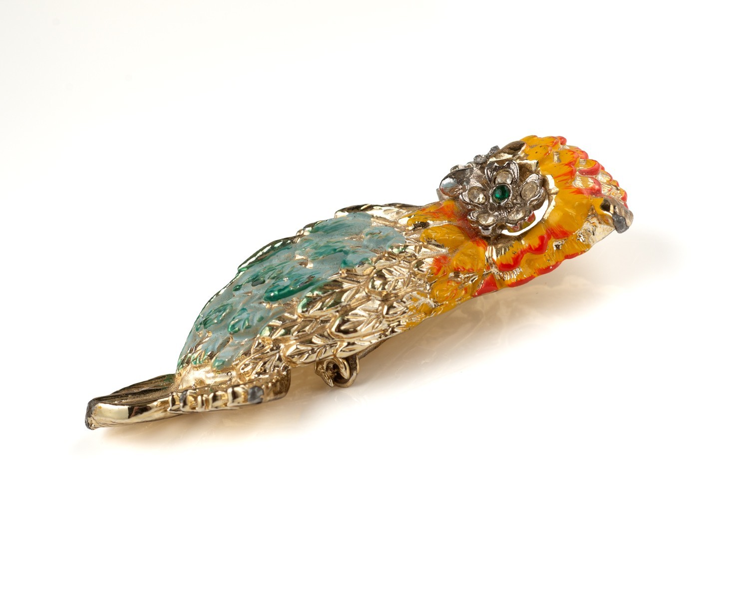 Owl Brooch Pin Jewelry Green and Gold Tone Green Rhinestone Enamel