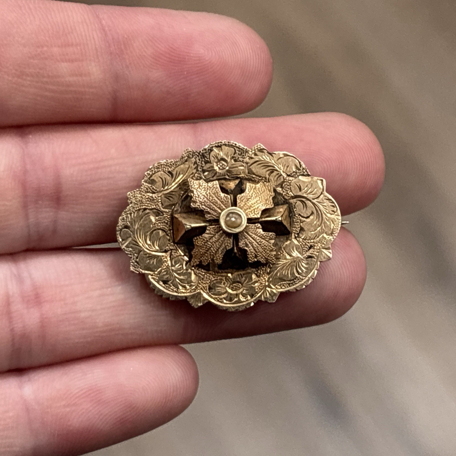 Antique Victorian Gold Filled Brooch Pin Floral Repousse Oval 3D Cross Vintage