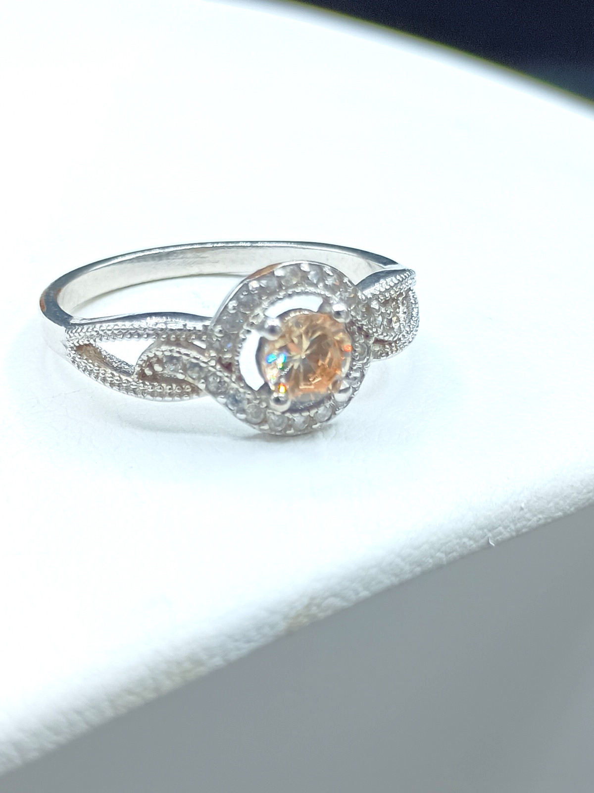 Champagne Clear Halo CZ Stone Cocktail Ring Fancy Split Shank Silver Tone Sz 10