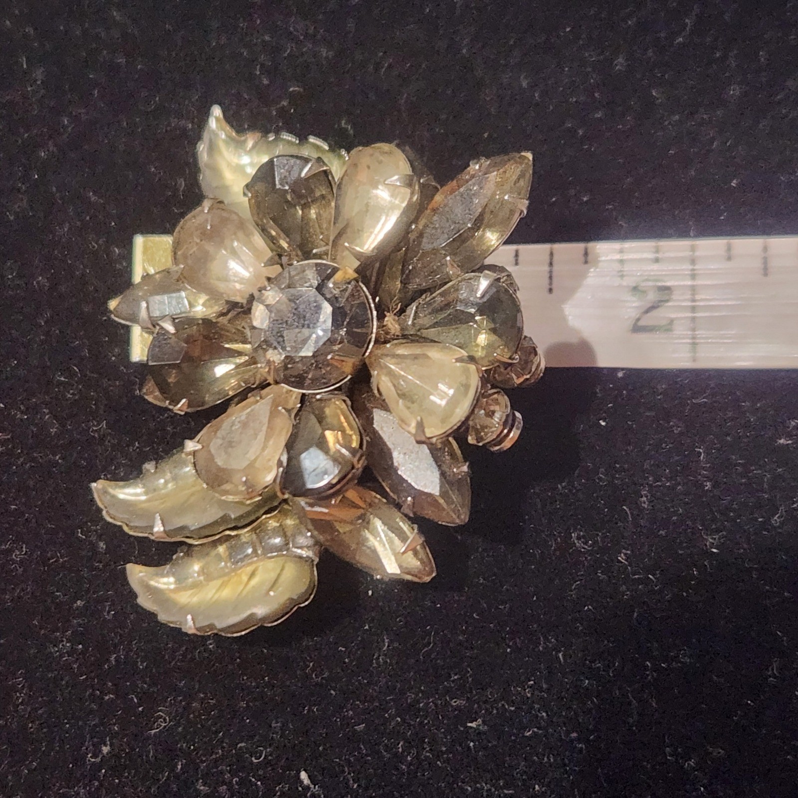 Vintage Rhinestone Flower Brooch Silver Tone Floral Pin smoky gray