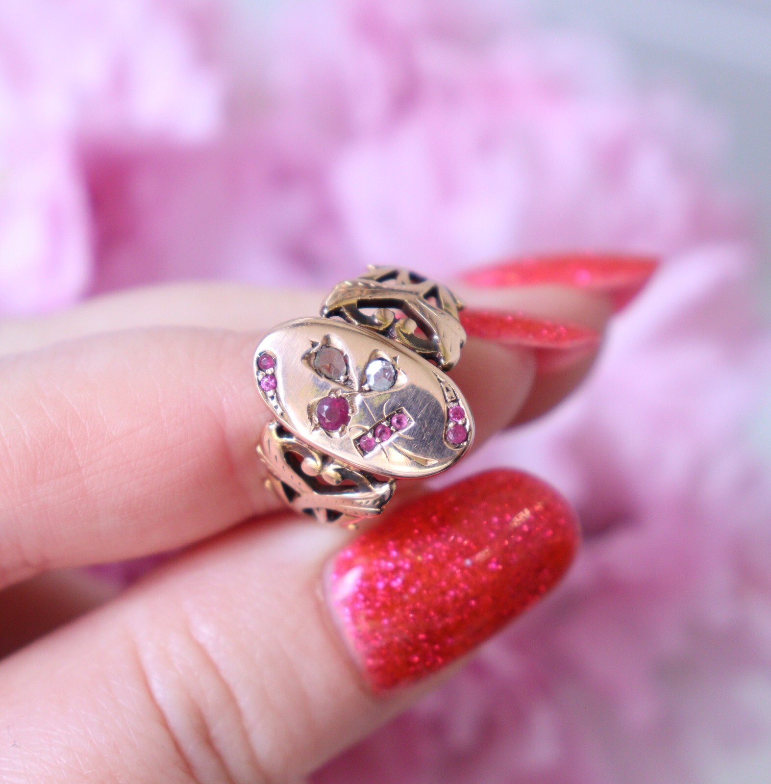 Antique Vintage 14k Rose Gold Ring Rose Cut Diamonds Ruby and Simili NO TARIFF